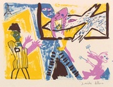 Artist: Allen, Davida | Title: The artist's lament: What am I doing up this ladder | Date: 1991, July - September | Technique: lithograph, printed in colour, from four plates