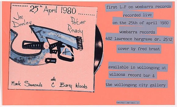 Artist: White, Sheona. | Title: Jim Denley, Peter Ready, Mark Simmonds with Barry Woods. Ffirst L.P. on Wombarra Records. | Date: 1980 | Technique: screenprint, printed in colour, from three stencils