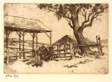 Artist: Stockfeld, R.H. | Title: Haysheds | Date: c.1935 | Technique: engraving, printed in sepia ink, from one plate