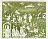 Artist: Allen, Joyce. | Title: (Tea party). | Date: (1980s) | Technique: etching, aquatint printed in green ink, from one copper plate