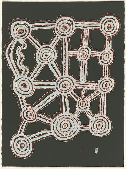 Artist: Tjungarranyi, Charles. | Title: Bandicoot ancestors fighting over fire at Taltaltamya. | Date: 1979 | Technique: screenprint, printed in colour, from five stencils