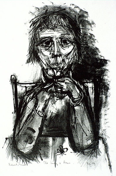 Artist: Grieve, Robert. | Title: Old lady and rose | Date: 1959 | Technique: lithograph, printed in blue-black from one stone