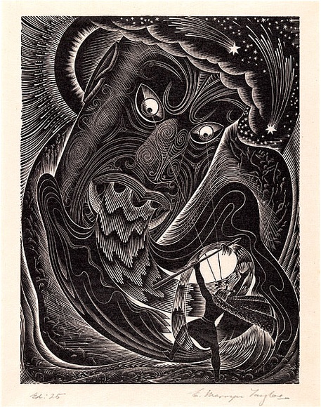 Artist: Taylor, E. Mervyn. | Title: Magical wooden head (Polynesian legend) | Date: 1940s | Technique: wood engraving, printed in black ink, from one block