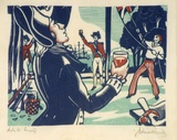 Artist: FEINT, Adrian | Title: (Captain Cook and the raising of the flag at [Botany Bay?]. | Date: c.1940 | Technique: linocut, printed in colour, from multiple blocks | Copyright: Courtesy the Estate of Adrian Feint