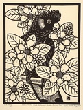 Artist: van der Sluys, Leslie. | Title: Yellow Tailed Black Cockatoo and Golden Guinea Tree | Date: 1987 | Technique: linocut, printed in black ink, from one block