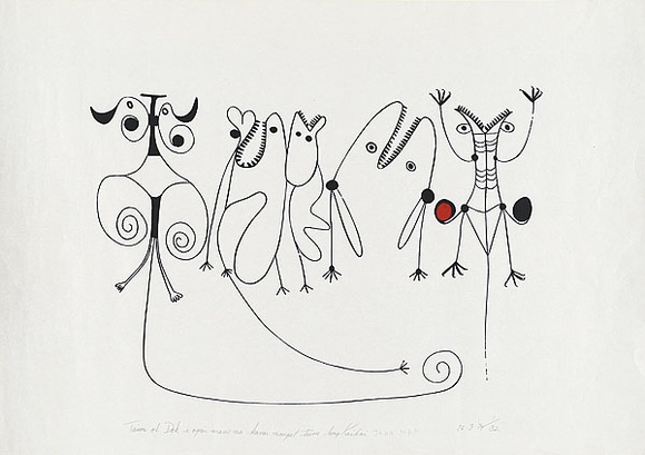 Artist: Man, John. | Title: Taim ol dok i opim maus na karai nogut turu long kaikai  [When all the dogs opened their mouths and howled because there was nothing to eat] | Date: 26 September 1974 | Technique: screenprint, printed in black ink, from one stencil; hand-coloured