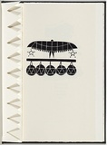 Artist: White, Robin. | Title: Not titled (spreadeagled bird above hanging coconuts). | Date: 1985 | Technique: woodcut, printed in black ink, from one block