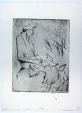 Artist: MACQUEEN, Mary | Title: Old lady feeding pigeons, Kings Cross | Date: c.1969 | Technique: drypoint, printed in black ink with plate-tone, from one plate | Copyright: Courtesy Paulette Calhoun, for the estate of Mary Macqueen