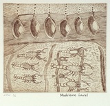 Artist: Laurel, Madeleine Yangkana. | Title: Cherrabin and the mussels we get from the river | Date: 2001, August - September | Technique: etching, printed in sepia ink, from one plate