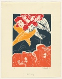 Title: not titled [red-head matches lady in sky with wings over birds] | Date: 1984 | Technique: linocut, printed in colour, from four blocks