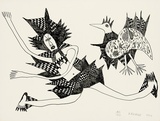 Artist: Kauage, Mathias. | Title: not titled [dancing woman and a bird] | Date: 1987 | Technique: off-set lithograph, printed in black ink, from one plate