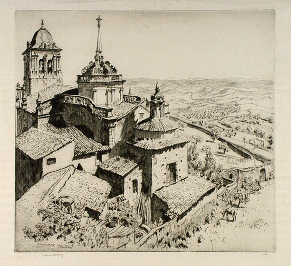 Artist: LINDSAY, Lionel | Title: Jerez de los Caballeros, Estremadura, Spain | Date: 1929 | Technique: drypoint, printed in black ink with plate-tone, from one plate | Copyright: Courtesy of the National Library of Australia