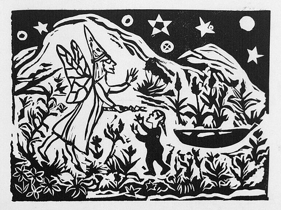 Artist: Allen, Joyce. | Title: (Pai Korri getting the magic wand from Iris) (Illustration 3). | Date: 1987 | Technique: linocut, printed in black ink, from one block
