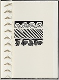 Artist: White, Robin. | Title: Not titled (four shells above zigzag pattern over flowers). | Date: 1985 | Technique: woodcut, printed in black ink, from one block