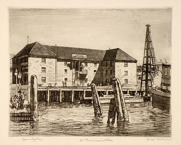 Artist: LINDSAY, Lionel | Title: Old commissariat stores, Circular Quay. | Date: 1912 | Technique: etching, printed in warm black ink with plate-tone, from one plate | Copyright: Courtesy of the National Library of Australia