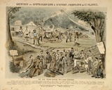 Title: The new chums arrival on a gold diggings | Date: c.1865 | Technique: lithograph, printed in black ink, from one stone; hand-coloured