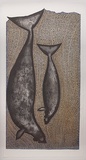 Title: Apu Kaz (Dugong mother and calf) | Date: 2008 | Technique: linocut, printed in black ink, from one block; hand-coloured in watercolour