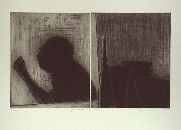 Artist: Lincoln, Kevin. | Title: Painting at night | Date: 1999, November | Technique: etching, printed in black ink with plate-tone, from two plates
