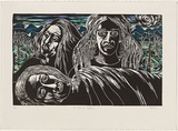 Title: A family affair | Date: 1996 | Technique: linocut, printed in black ink from one block; hand-coloured