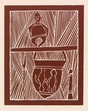 Artist: Manydjarri, Wilson. | Title: Njlindi and two children in the ganybu | Date: 1971 | Technique: linocut, printed in red-brown ink, from one block