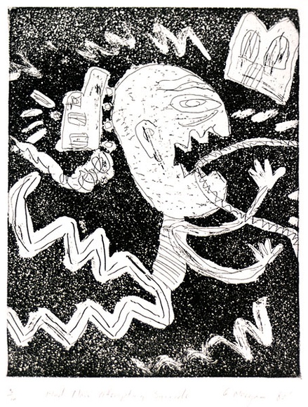 Artist: Morgan, Glenn. | Title: Mad man attempting suicide [1]. | Date: 1980 | Technique: etching and aquatint, printed in black ink, from one plate