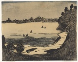 Title: Frenchman's Beach (Neutral Bay) | Date: c. 1920 | Technique: woodcut, printed in black ink, from one woodblock; hand-coloured