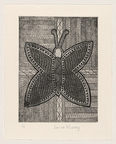 Artist: Murray, Janice. | Title: not titled [butterfly rendered in geometric patterns and cross-hatching] | Date: 1999, November | Technique: etching, printed in black ink, from one plate | Copyright: © Janice Murray and Jilamara Arts + Craft