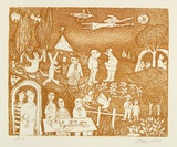 Artist: Allen, Joyce. | Title: (Tea party). | Date: 1980s | Technique: etching, aquatint printed in ochre from one  plate