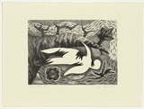 Artist: Adams, Mae. | Title: not titled [figure lying surrounded by trees] | Date: 1986 | Technique: lithograph, printed in black ink, from one stone | Copyright: © Mae Adams. Licensed by VISCOPY, Australia