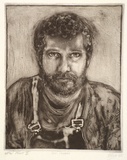 Artist: Dickson, Clive. | Title: Self-portrait | Date: 1985 | Technique: etching and aquatint, printed in sepia ink (small amount of black ink added), from one plate