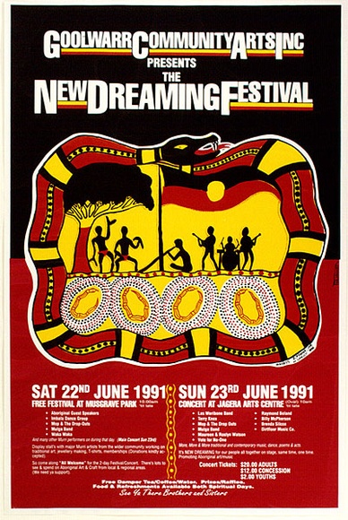 Artist: Jason. | Title: New Dreaming Festival | Date: 1991, May | Technique: screenprint, printed in red, yellow and black ink, from three stencils