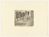 Artist: Anceschi, Eros. | Title: not titled [suburban park - stairs and trees] | Date: 1986, April | Technique: etching, printed in dark brown ink, from one plate