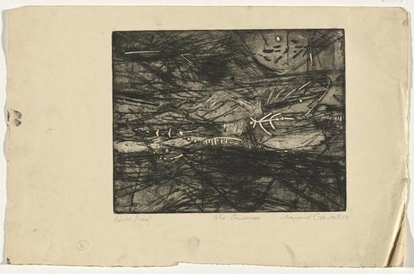 Artist: Cilento, Margaret. | Title: Old landscape. | Date: 1950 | Technique: etching, aquatint, printed in black ink with plate-tone, from two plates