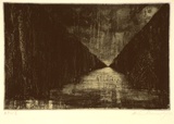 Artist: Kennedy, Helen. | Title: not titled [landscape with spotlight reflected in water] | Date: 1992 | Technique: etching and burnished aquatint, printed in blue-black ink, from one plate
