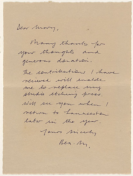 Title: Insert: letter of thanks to Mary Page | Date: 1983 | Technique: handwritten letter in black ink