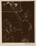Artist: Williams, Deborah. | Title: not titled [two men watching the races on T.V.] | Date: 1992 | Technique: etching, printed in black ink with plate-tone, from one plate