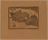 Artist: Waller, M. Napier. | Title: Guinea fowls | Date: 1923 | Technique: linocut, printed in brown ink, from one block; hand-coloured