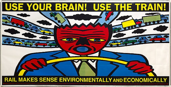 Artist: REDBACK GRAPHIX | Title: Use your brain, Use the train (billboard). | Date: 1990 | Technique: screenprint, printed in colour, from multiple stencils | Copyright: © Michael Callaghan