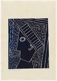 Artist: Kozlowski, Brunon. | Title: (Man smoking a cigarette) | Date: c.1970 | Technique: linocut, printed in dark blue ink, from one block