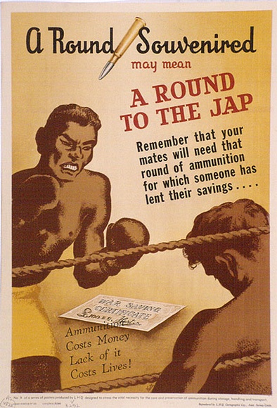 Artist: Kelly, Harry. | Title: A round souvenired may mean a round to the Japs. | Date: c.1942 | Technique: photo-lithograph, printed in colour, from multiple plates
