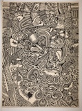 Artist: Wungi, Cecil King. | Title: not titled [composition with warrior, spears, fish and cuscus] | Date: c.1980 | Technique: photo-screenprint, printed black ink, from one stencil