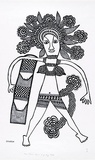 Artist: Kauage, Mathias. | Title: Meri karim bilum i go long market  [A woman carrying her string bag to market] | Date: 1978 | Technique: screenprint, printed in black ink, from one stencil