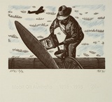 Artist: Atkins, Ros. | Title: Plane/man | Date: 1995, August | Technique: wood-engraving, printed in black ink, from one block; lithograph, printed in blue ink, from one stone
