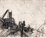 Artist: Luccio, Marco. | Title: Cranes and the pit. | Date: 2003 | Technique: drypoint, printed in black ink, from one plate