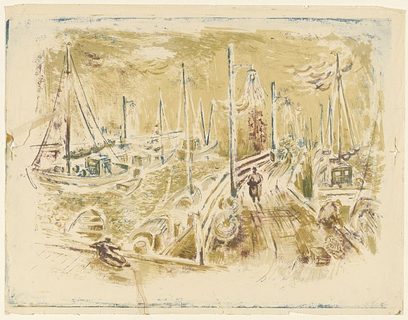 Artist: MACQUEEN, Mary | Title: Jetty, San Remo | Date: 1959 | Technique: lithograph, printed in colour, from multiple plates | Copyright: Courtesy Paulette Calhoun, for the estate of Mary Macqueen