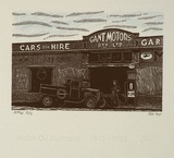 Artist: Atkins, Ros. | Title: Garage | Date: 1995, August | Technique: wood-engraving and lithograph, printed in black and blue ink, from one plate and one stone
