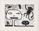 Artist: Green, Rona. | Title: not titled [sharp-toothed cartoon head with suspended monkey] | Date: 1999 | Technique: linocut, printed in black ink, from one block