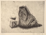 Artist: Cooper, Simon. | Title: not titled [bag with building blocks] | Date: 1992 | Technique: etching, printed in black ink, from one plate