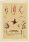 Artist: Angas, George French. | Title: Native weapons and implements. | Date: 1846-47 | Technique: lithograph, printed in colour, from multiple stones; varnish highlights by brush