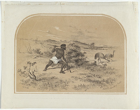 Artist: GILL, S.T. | Title: Native sneaking emu. | Date: c.1854 | Technique: lithograph, printed in colour, from two stones (black and buff)